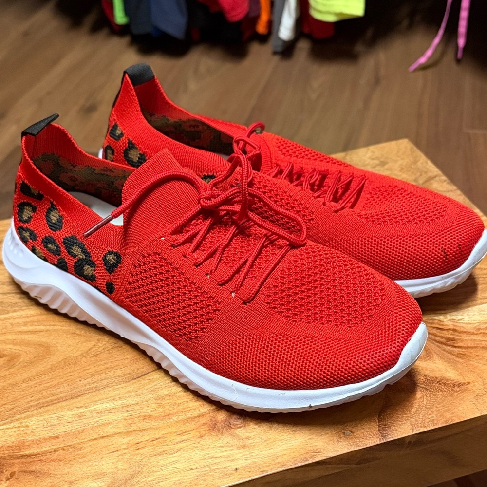 Slip On Red Women's Sneakers with Leopard Detail Size 10